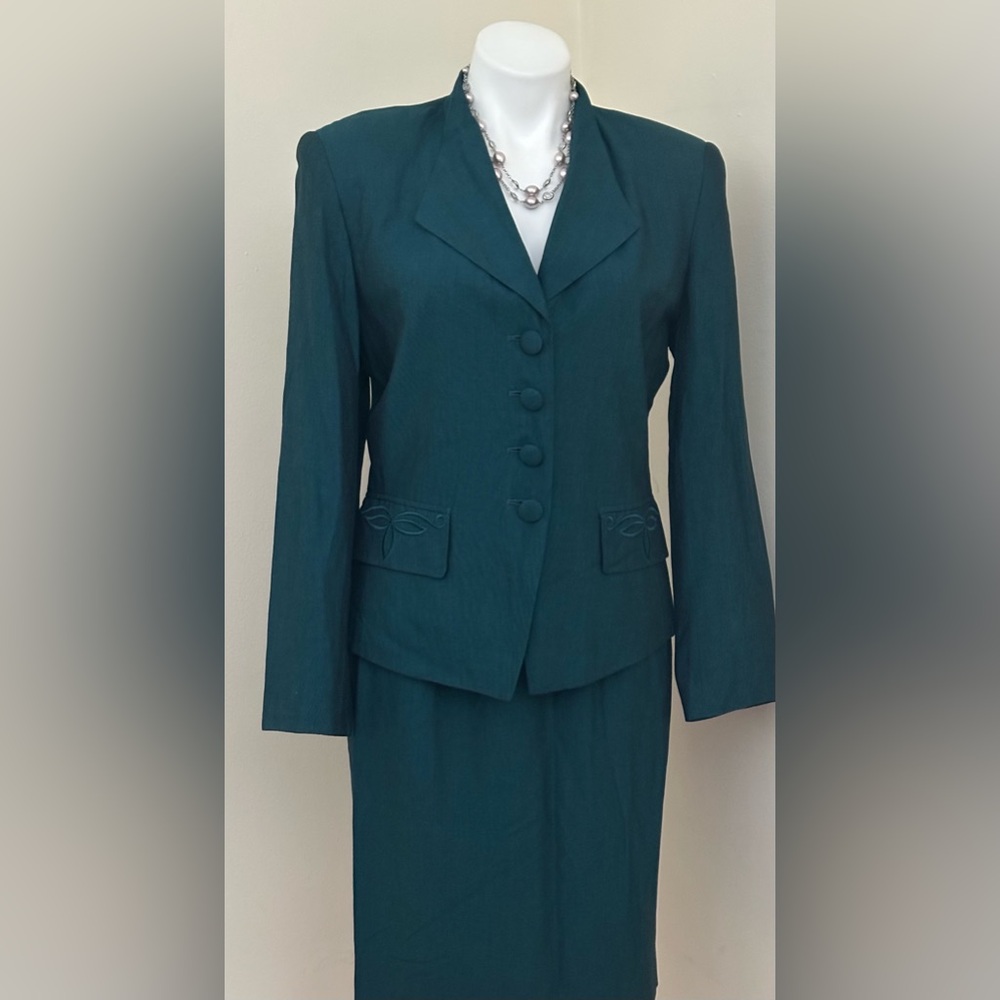 KASPER FOR ASL Teal Blue Green Blazer 4 Fabric Buttons Skirt Set w Pockets Sz 8
